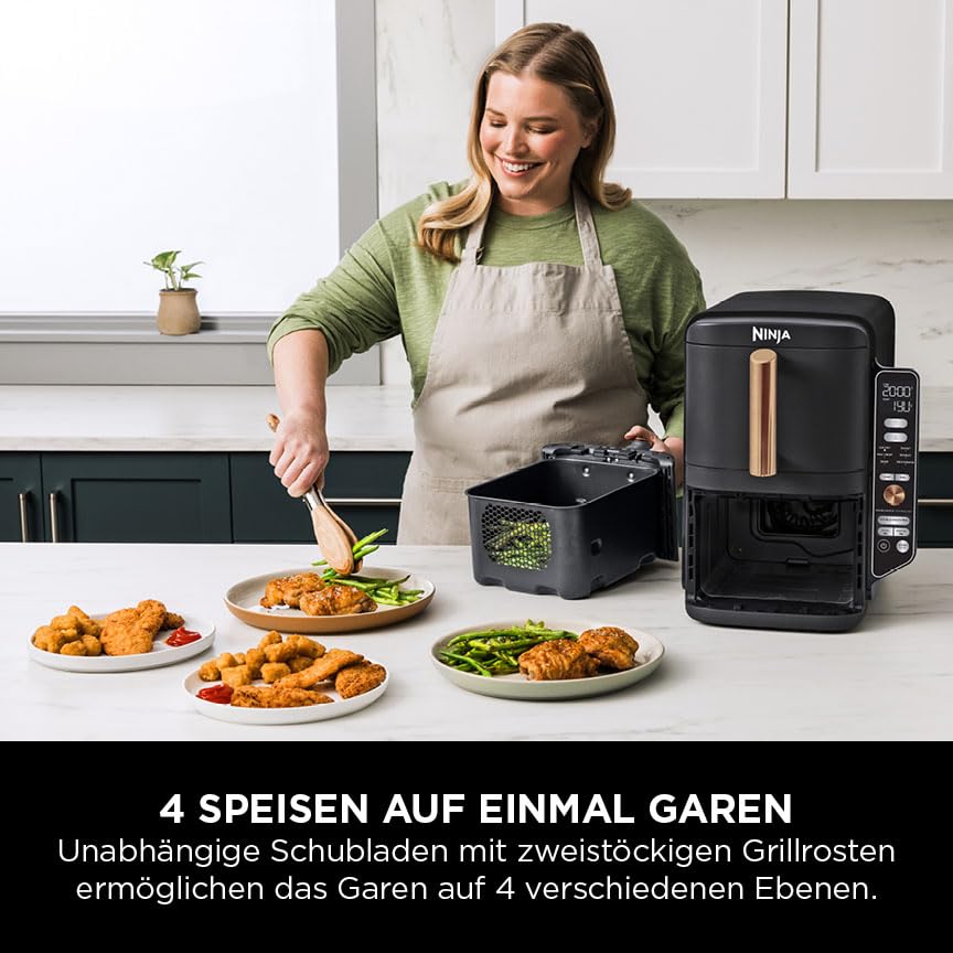 Ninja Double Stack XL Air Fryer, 2 Vertical Drawers, 4 Cooking Levels, 2 Shelves, Space Saving Design, 9.5L Capacity, 6 Functions, 8 Servings, Tongs, Black/Copper SL400EUCP