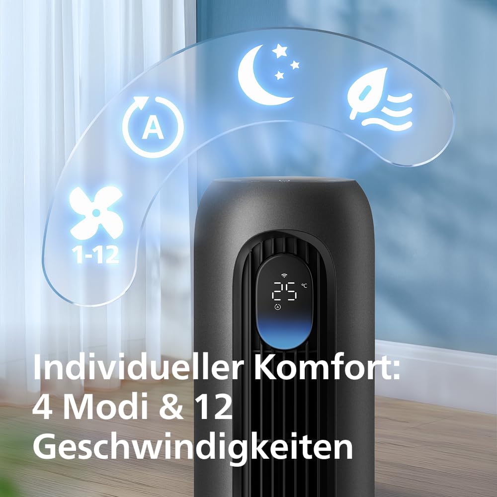 Philips Smart Tower Fan 7000 Series - 8.4 m/s strong, ultra-quiet 22 dB, energy efficient, app & remote control, WiFi, 12 levels, sleep mode, temp display, 12-hour timer, 80° oscillation (CX7550/01)