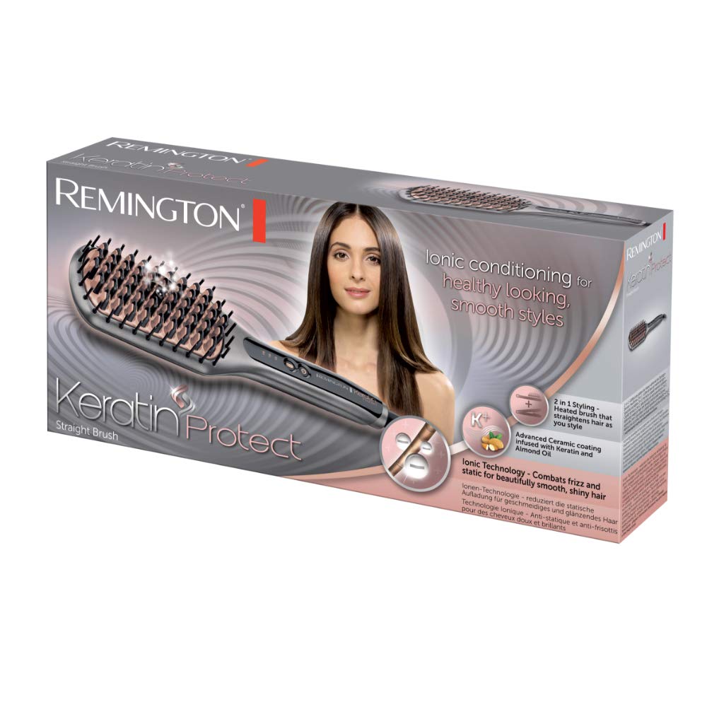 Remington straightening iron & hairbrush for reduced styling time (keratin ceramic coating enriched with almond oil, digital display, 150-230°C) CB7480, ionic technology, grey/rose gold - 45605560100