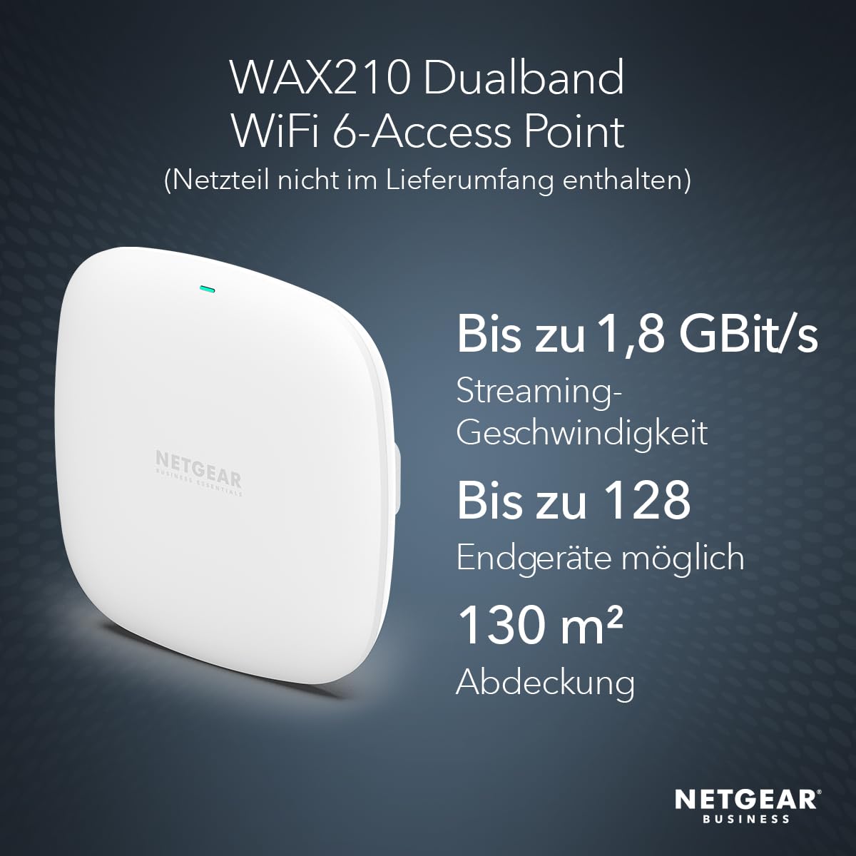 NETGEAR Wireless Access Point (WAX210) – WiFi 6 Dualband with AX1800 speed | 1G PoE network port | Supports up to 128 devices | 802.11ax | WPA3 | Up to 4 SSID networks, power supply not included - WAX210-100EUS