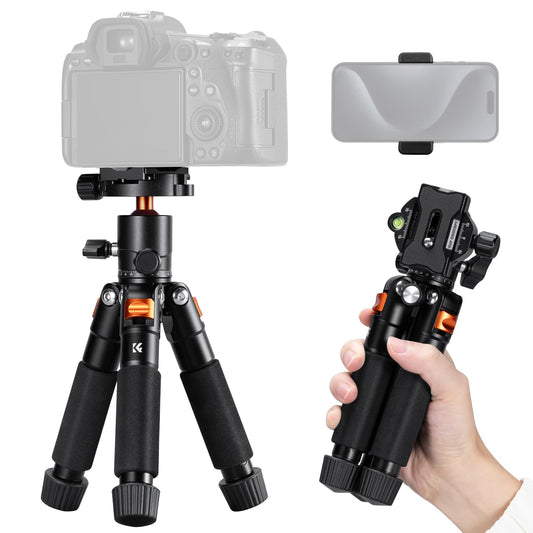 K&F CONCEPT Black-Orange Mini Tripod, 55cm Aluminum Camera Tripod with 360° Ball Head, Foldable Design for Easy Storage and Travel-Friendly, 1/4" Plate for DSLR/Smartphone, Max. Load 6kg - S225A0+BH-25L