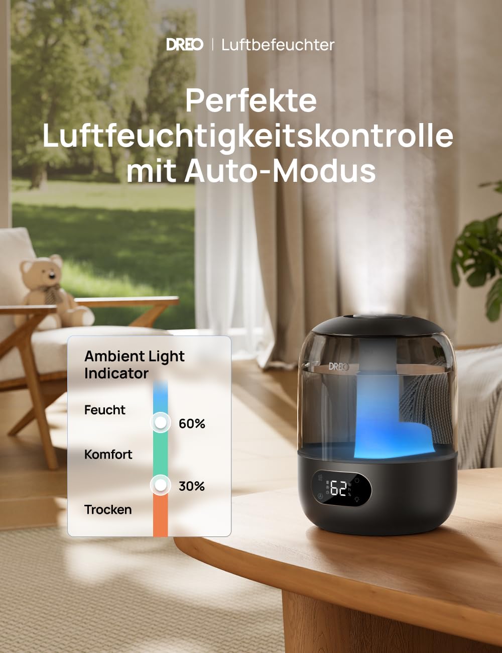 Dreo Bedroom Humidifier, 30 Hour Cold Mist Ultrasonic Humidifier, 3L Top Fill Tank, Humidity Sensor, Night Light for Baby, Nursery, Plants and Home - DR-HHM006