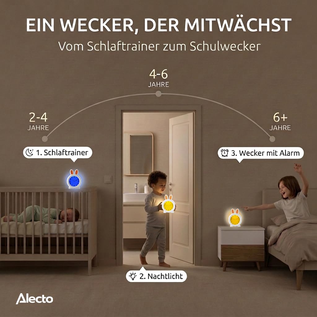 Alecto Monkey Alarm Clock Children - Children's Alarm Clock USB Rechargeable - Children's Alarm Clock with Night Light - Sleep Trainer (White) - BC100