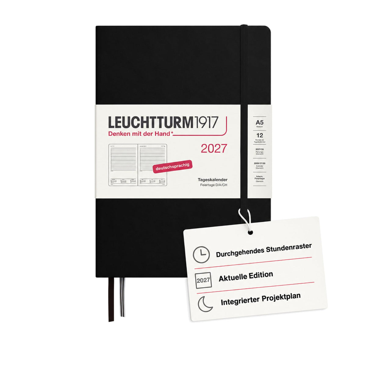 LEUCHTTURM1917 Daily Calendar 2027 Medium (A5) - German, black, 145 x 210 mm, January-December (12 months), 1 page per day, hourly grid 7:00-22:00, hardcover, 80 g/m² paper - 400157