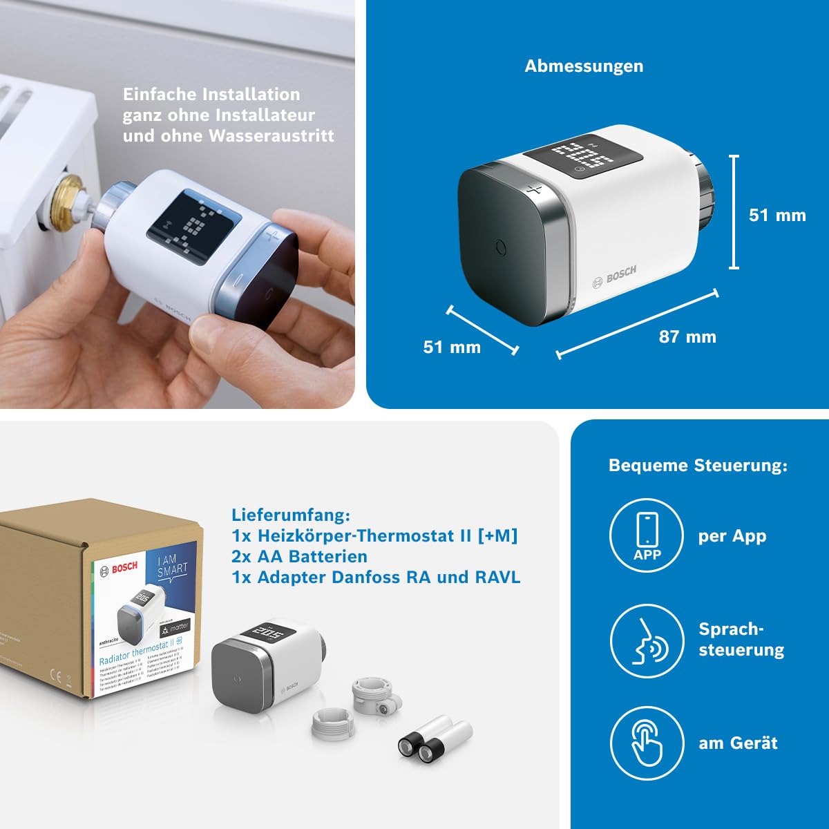 Bosch Smart Home Radiator Thermostat II [+M], smart radiator thermostat, intelligent heating & energy saving, Matter, app control, Apple Home, Google Home & Alexa, anthracite, controller required - 8750002982
