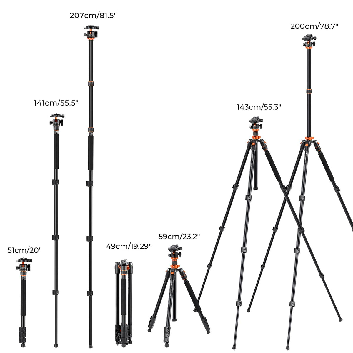 K&F Concept 200cm tripod, aluminum camera tripod, K234A7(S210) tripod with monopod function, 360° ball head incl. quick-release plate for Canon Nikon Sony Olympus - O234A7+BH-28L