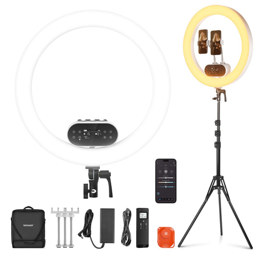 NEEWER 19" 100W High Power LED Ring Light with Tripod Stand & 3 Phone Holders Compatible with iPhone, 2900-7000K CRI97+ App & 2.4G Control Lighting for Selfie Video Makeup Streaming, RH100B - 10106380
