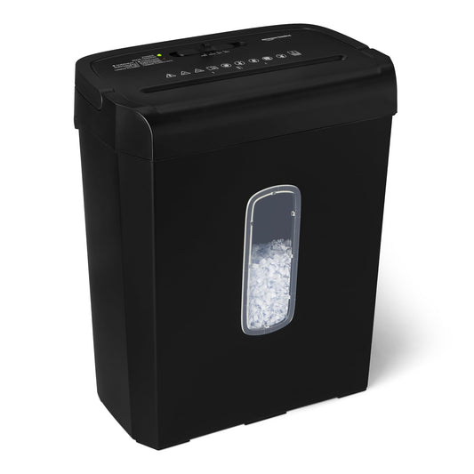 Amazon Basics cross-cut document shredder, 6 sheets, with transparent viewing window, for A4 documents and credit cards, 14l collection container, black - C284-AEU