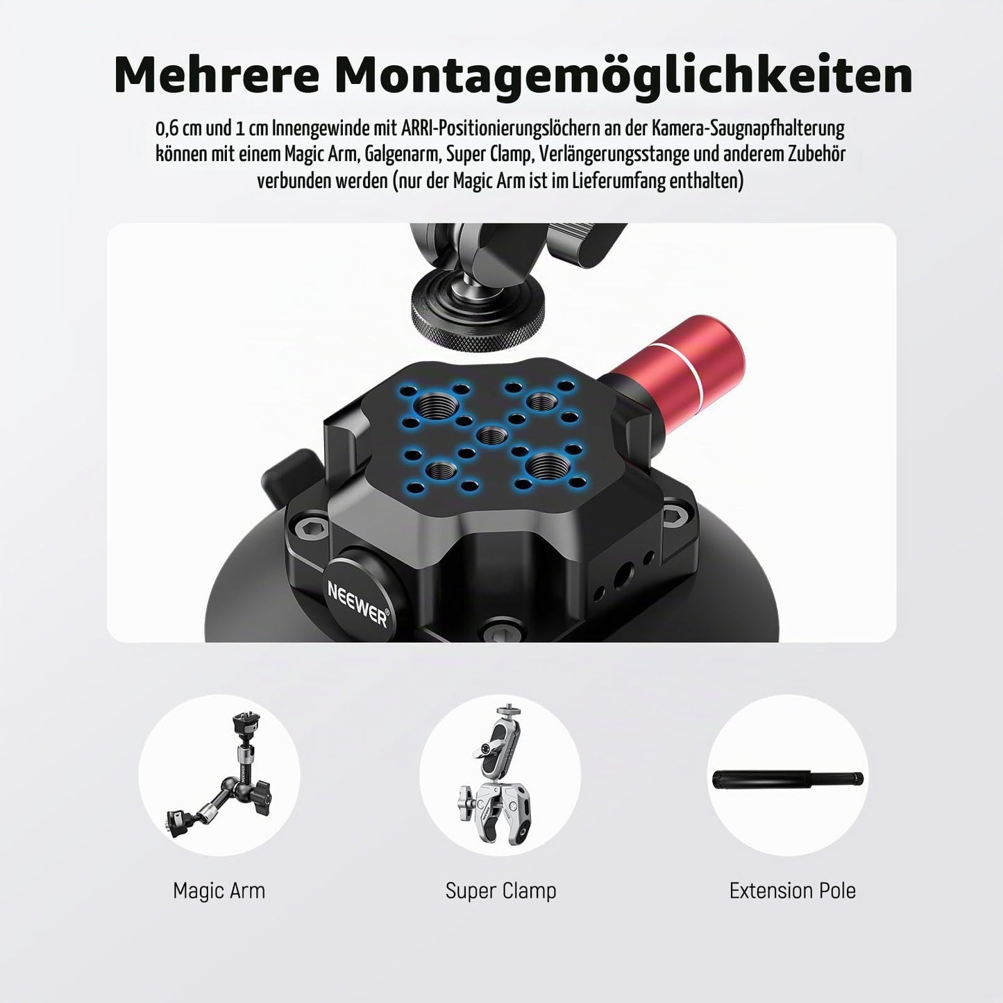 NEEWER 4.5" camera mount with suction cup and ball head magic arm, compatible with ARRI 1/4"l 3/8" holes, car mount and action cam adapter, compatible with iPhone GoPro DJI Insta360, CA105