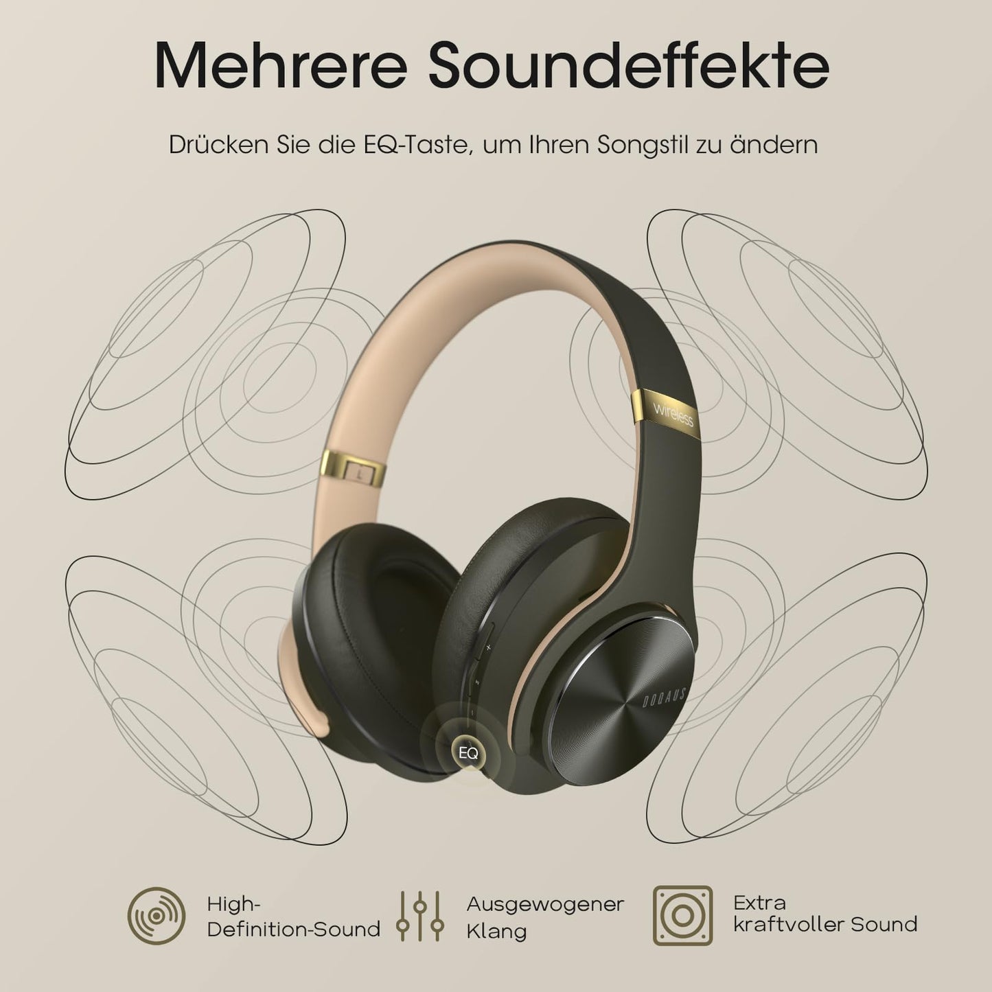 DOQAUS Bluetooth Headphones Over Ear, Up to 90 Hours Wireless Headphones with 3 EQ Modes, HiFi Stereo Foldable Headset with Microphone, Soft Ear Pads for Travel/Office/Cell Phone/PC/Laptops-Green - Care1