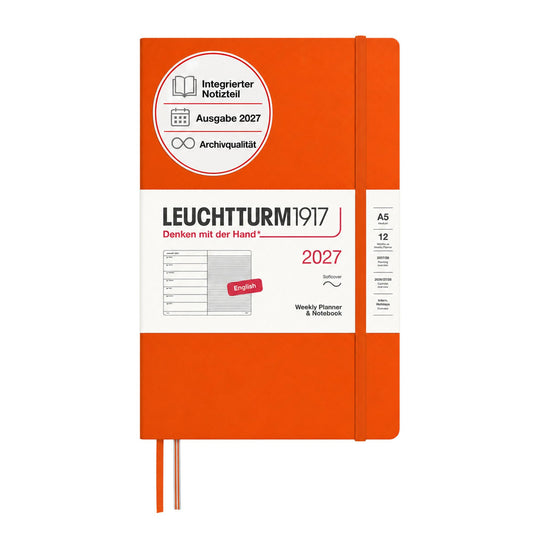 LEUCHTTURM1917 Calendar săptămânal 2027 mediu (A5) cu carnet, cu linii - planificator de întâlniri în engleză, dovleac, copertă moale, 145 x 210 mm, ianuarie-decembrie 2027, prezentare generală săptămânală în stânga + pagină cu note în dreapta - 400236
