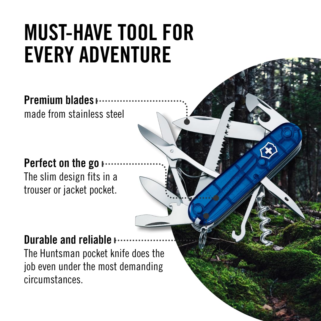Victorinox Swiss Army Knife Huntsman, Multitool, Swiss Army Knife with 15 functions, blade, corkscrew, can opener, folding box, blue transparent - 1.3713.T2