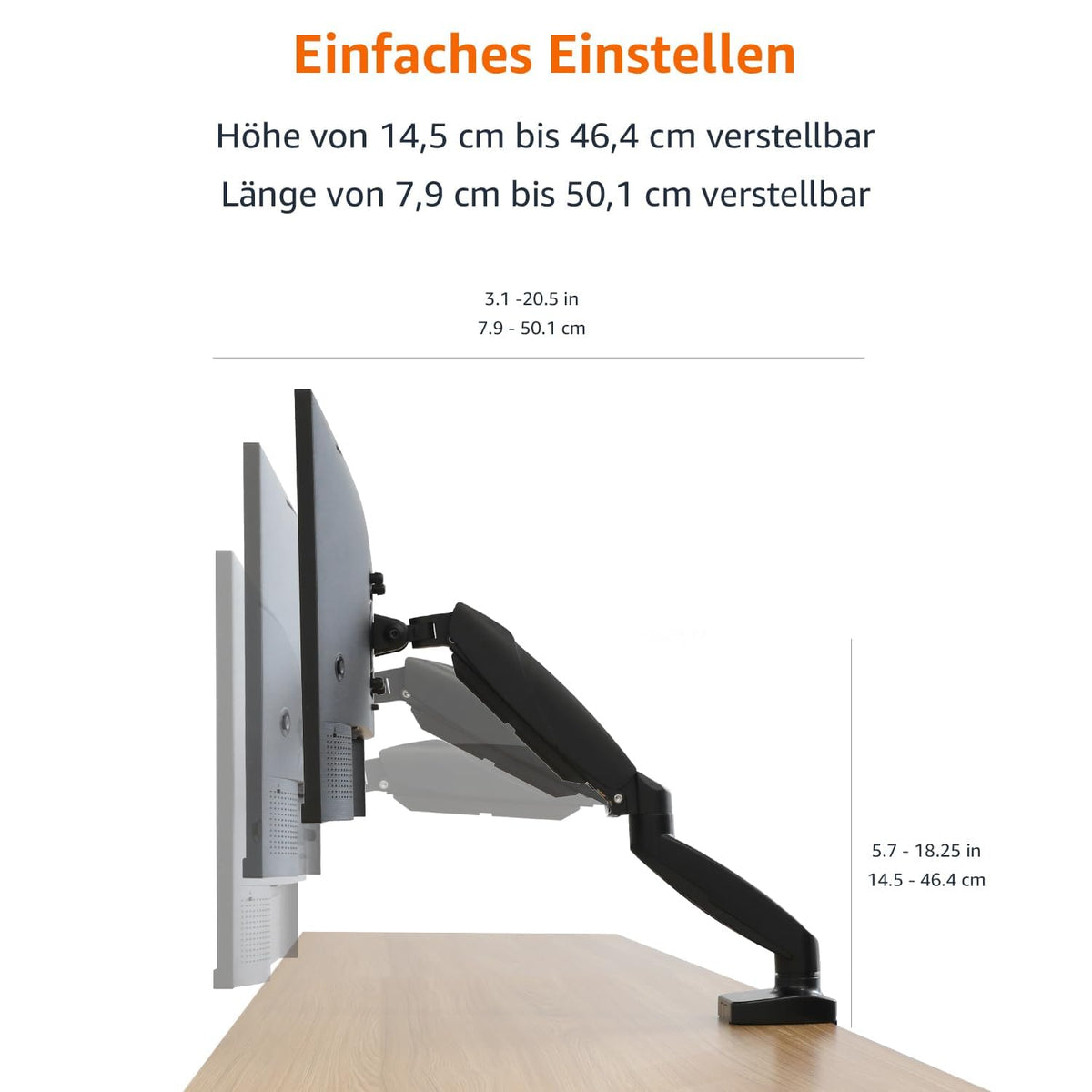 Amazon Basics Gas Spring Monitor Arm for Desk Mounting, Adjustable Tension, for 15–27 inch (38.1cm–68.6cm) Monitors, supports 2.0kg–7.0kg, VESA 75x75/100x100, Black - DS-MADSBE