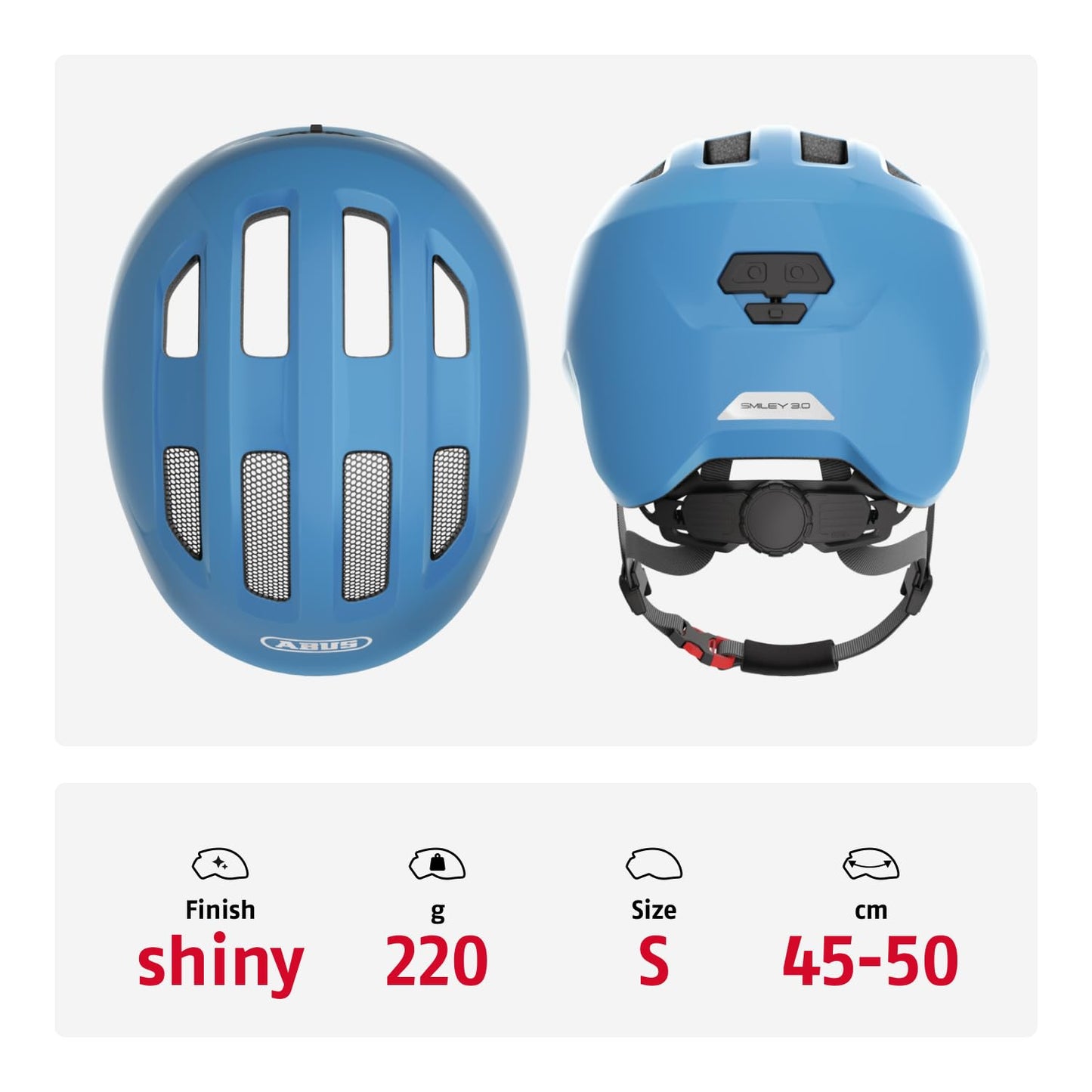 ABUS children's helmet Smiley 3.0 - bicycle helmet with a deep fit, child-friendly designs & space for a braid - for girls and boys - blue (shiny blue), size S - 67294