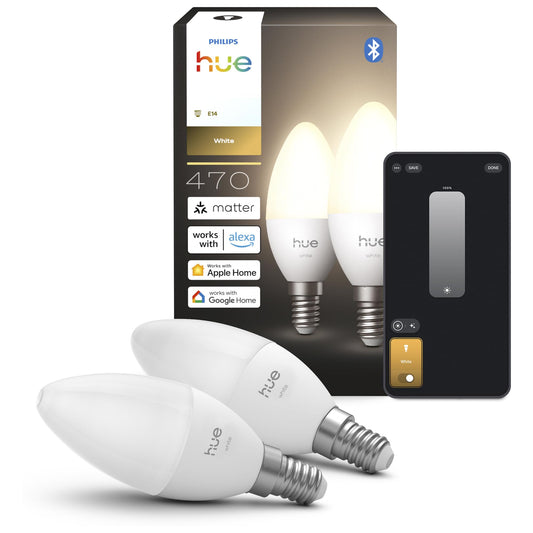 Philips Hue Smart LED Bulbs, B39, E14, 2-Pack, Warm White Light 2,700 K, 470 lm, Low Dimmable, Alexa, Google Home, Apple Home - 929004295902