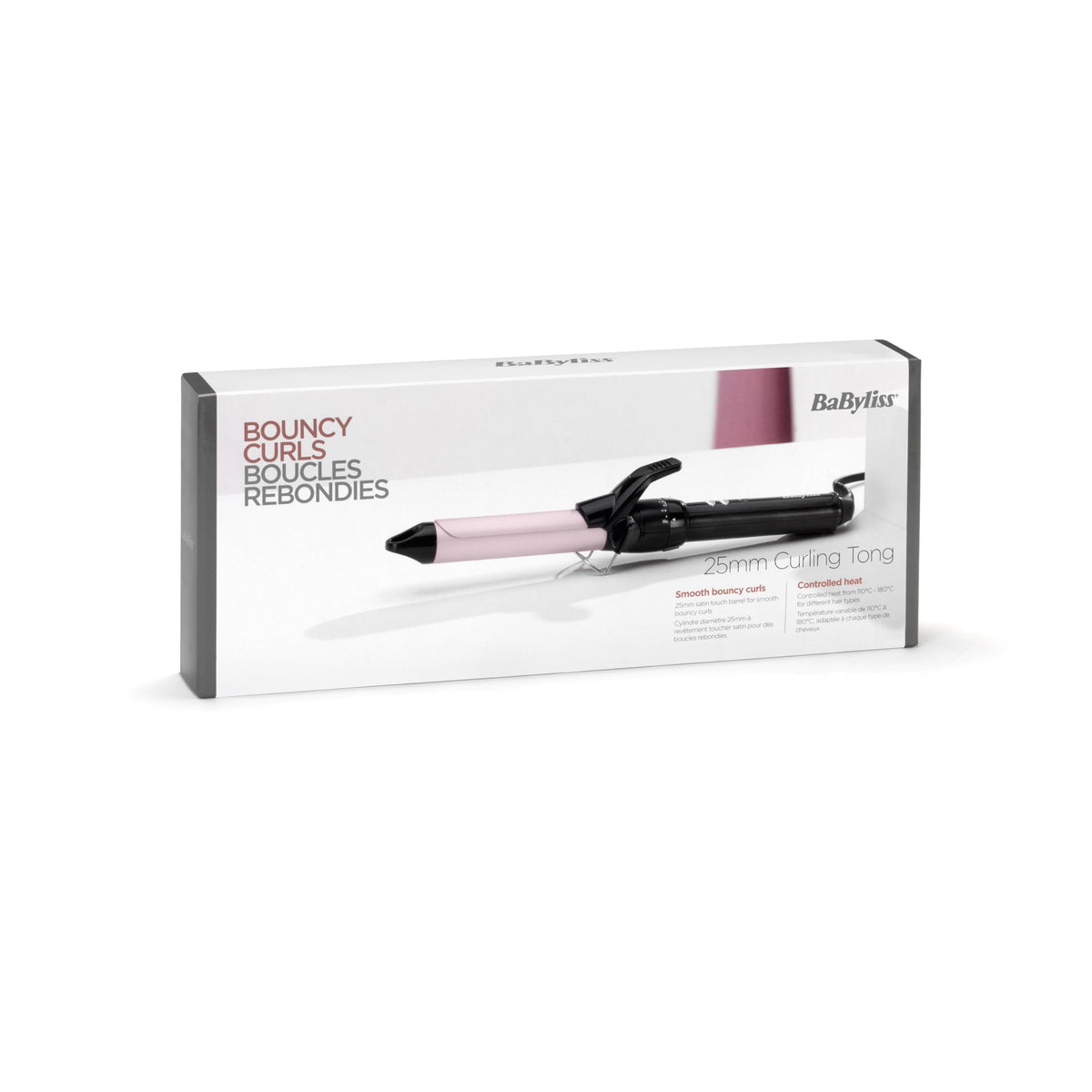 BaByliss 25mm Curling Iron – Satin Touch Coating, 10 Heat Settings, Professional Styling Tool with Integrated Stand, Black & Pink, C325E