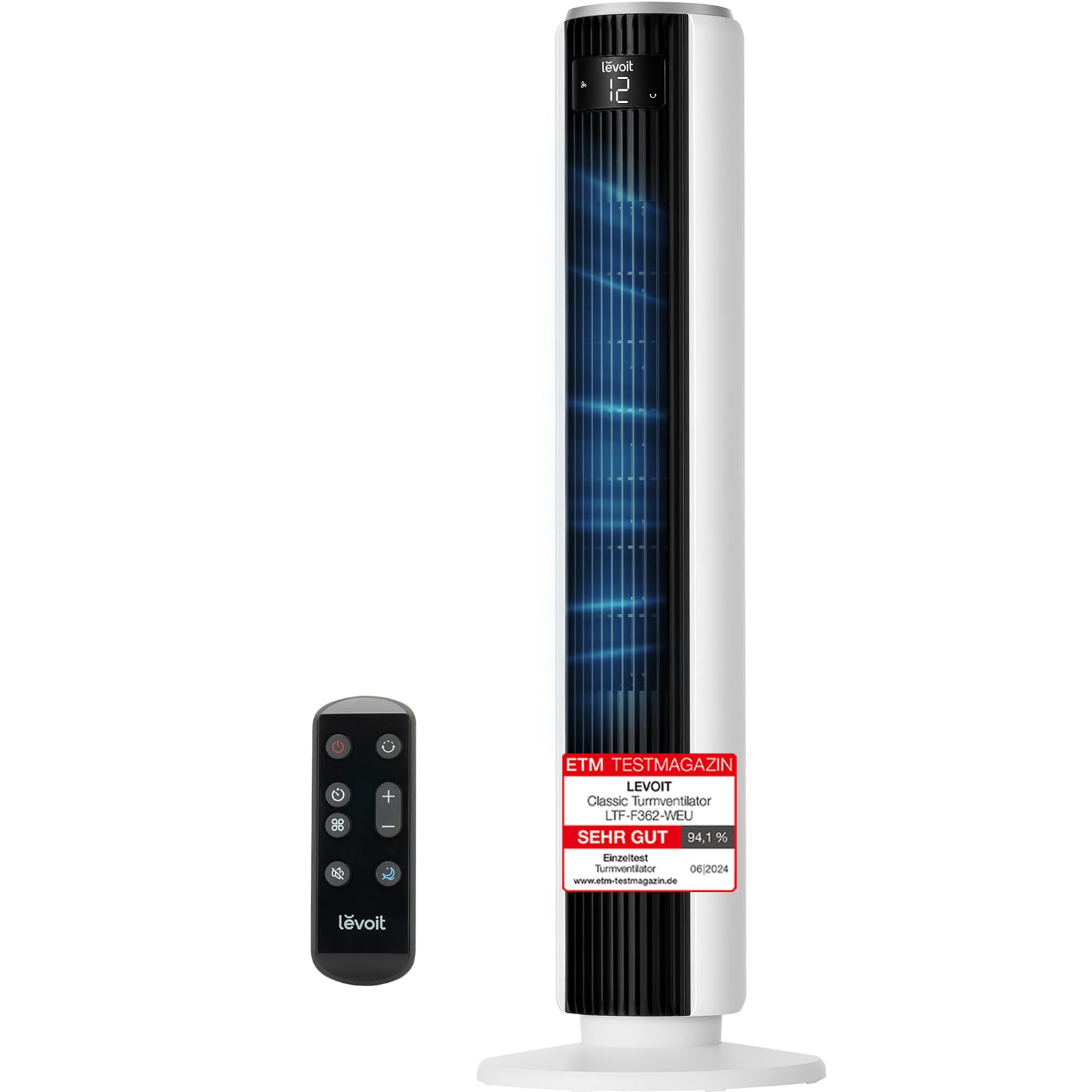 Levoit - DC motor tower fan - 20dB very quiet fan - 4 modes/12 levels/12 hour timer - remote control & cooling - tower fan with 7.9m/s speed - 24W pedestal fan - white, 92 cm - LTF-F362-WEU
