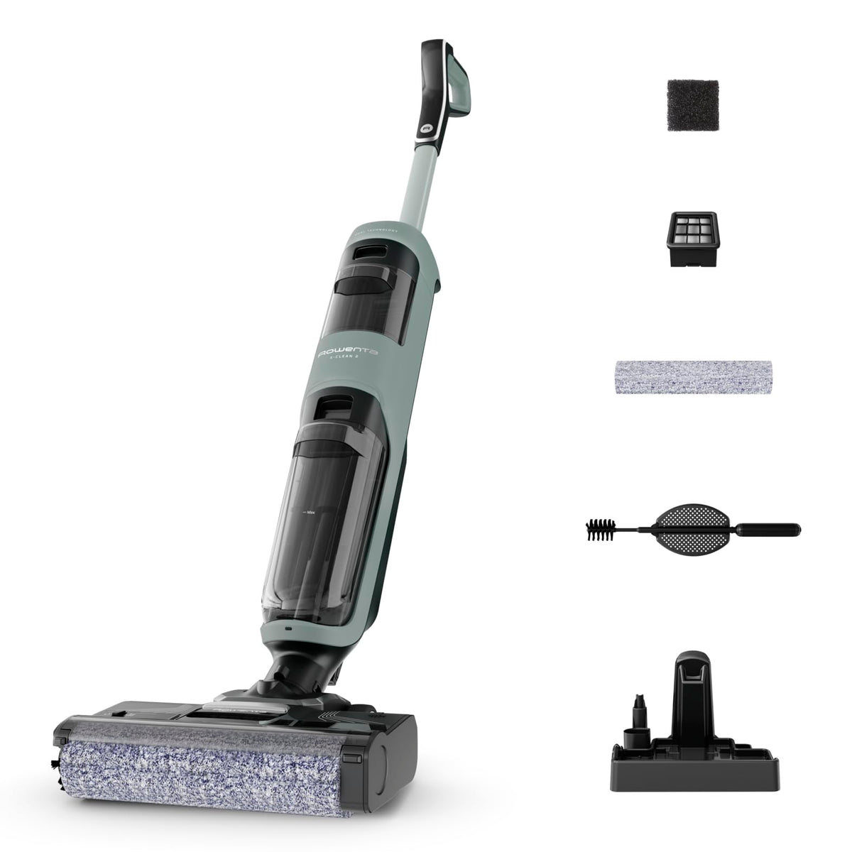 Rowenta X-Clean 2, aspirator 2 în 1 umed-uscat, moduri ECO/MAX pentru rezultate impecabile, cântărește 1,1 kg, rolă auto-propulsată, curățare a marginilor, ciclu de auto-curățare de 90 secunde, Eucalyptus, GZ2262E0