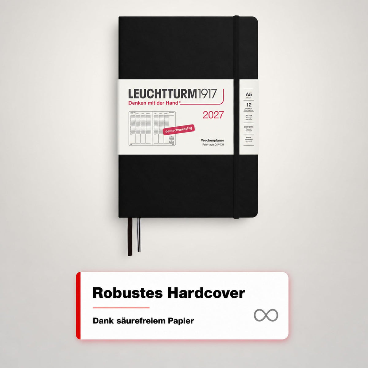 LEUCHTTURM1917 weekly planner 2027 medium (A5) - German, black, 210 x 145 mm, January-December (12 months), weekly overview with hourly grid 7:00-22:00 per column, hardcover, 80 g/m² paper - 400145