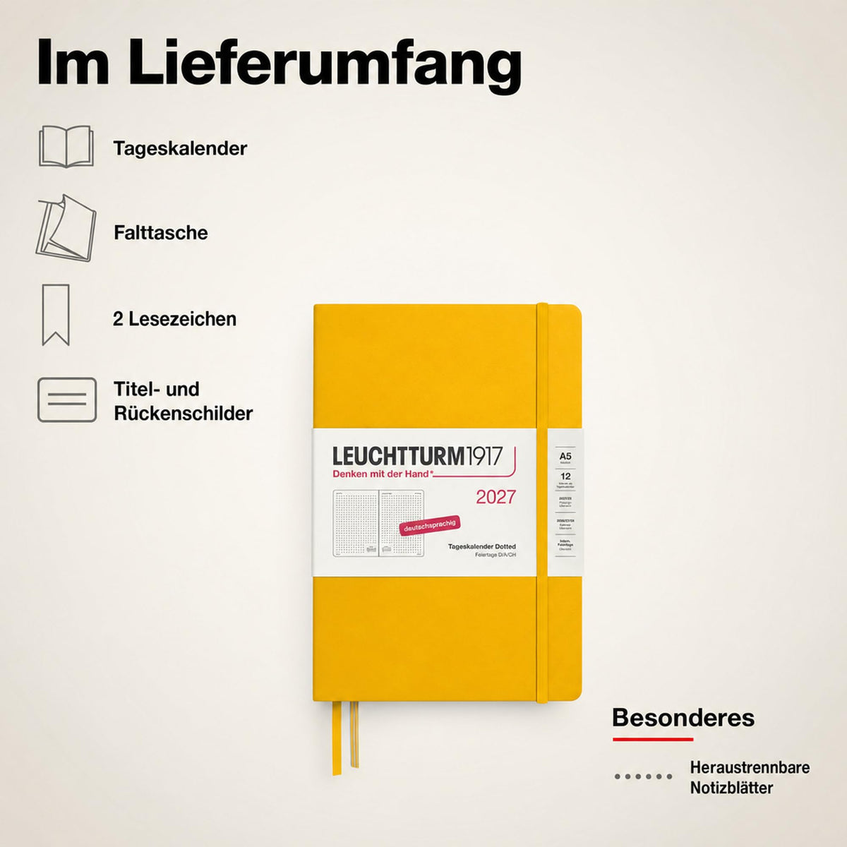 LEUCHTTURM1917 Calendar zilnic 2027 punctat mediu (A5) - germană, floarea soarelui, 145 x 210 mm, ianuarie-decembrie (12 luni), 1 pagină pe zi, grilă orară 7:00-22:00, copertă cartonată, hârtie de 80 g/m² - 400168