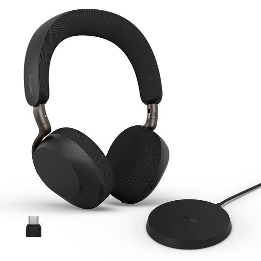 Jabra Evolve3 75 on-ear Bluetooth headset wireless with microphone & charging station for office, USB-C, AI voice call, extended ANC, 22h battery, for online meeting apps, black - 37599-989-889