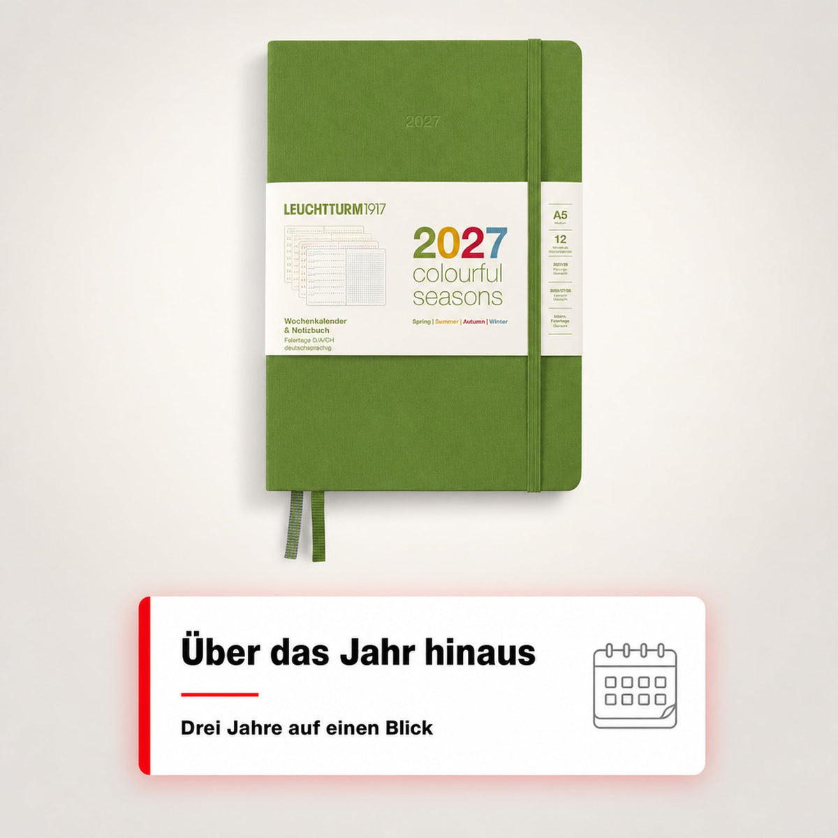 LEUCHTTURM1917 Weekly Calendar & Notebook Dotted Medium (A5) 2027, Colorful Seasons Green, German Hardcover Calendar Overview 2026/2027/2028, Planning Overview 01.27-12.28, Project Planner, Folding Pocket - 400198