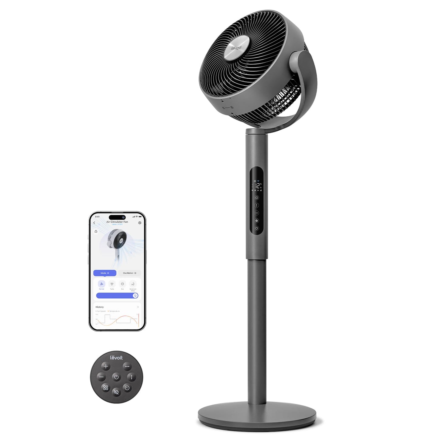 Levoit 20dB pedestal fan very quiet with intelligent control via APP & Alexa, DC motor with 30m throw, fan with cooling, fan with remote control, 4 modes 12 levels 12 hour timer - LPF-R432S-AEU