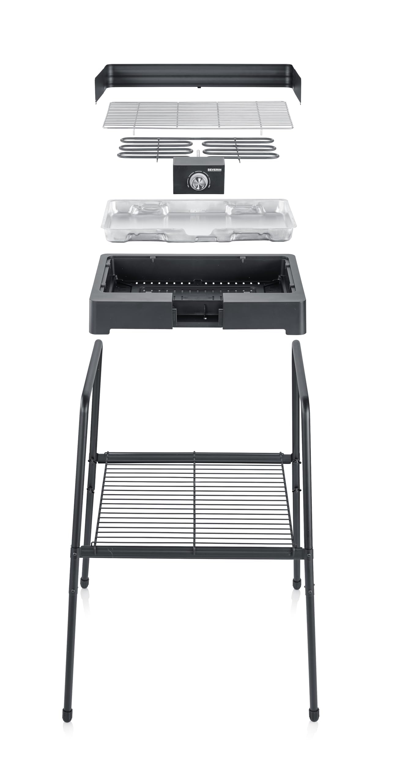 SEVERIN free-standing grill with stainless steel grill rack and base frame and storage rack, electric grill with quick grill start, balcony grill without risk of burns, black, PG 8566