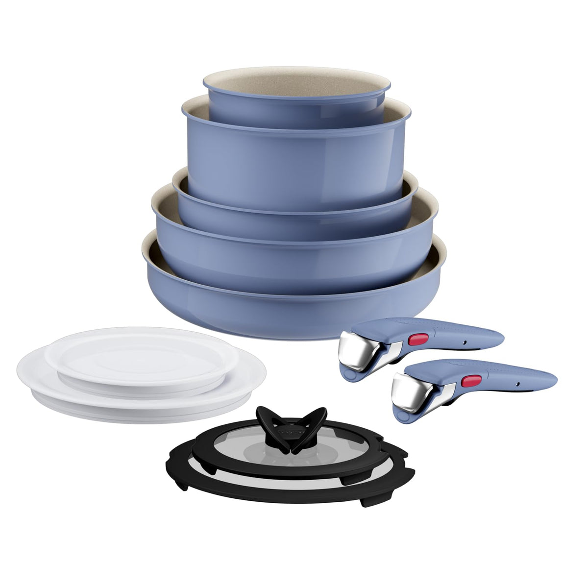 Tefal Ingenio Serenity Cookware Set 11-piece – stackable and space-saving set made of aluminum, Mineralia non-stick coating, removable handle, suitable for all types of cooktops including induction, Blue Salt. - L829SB04