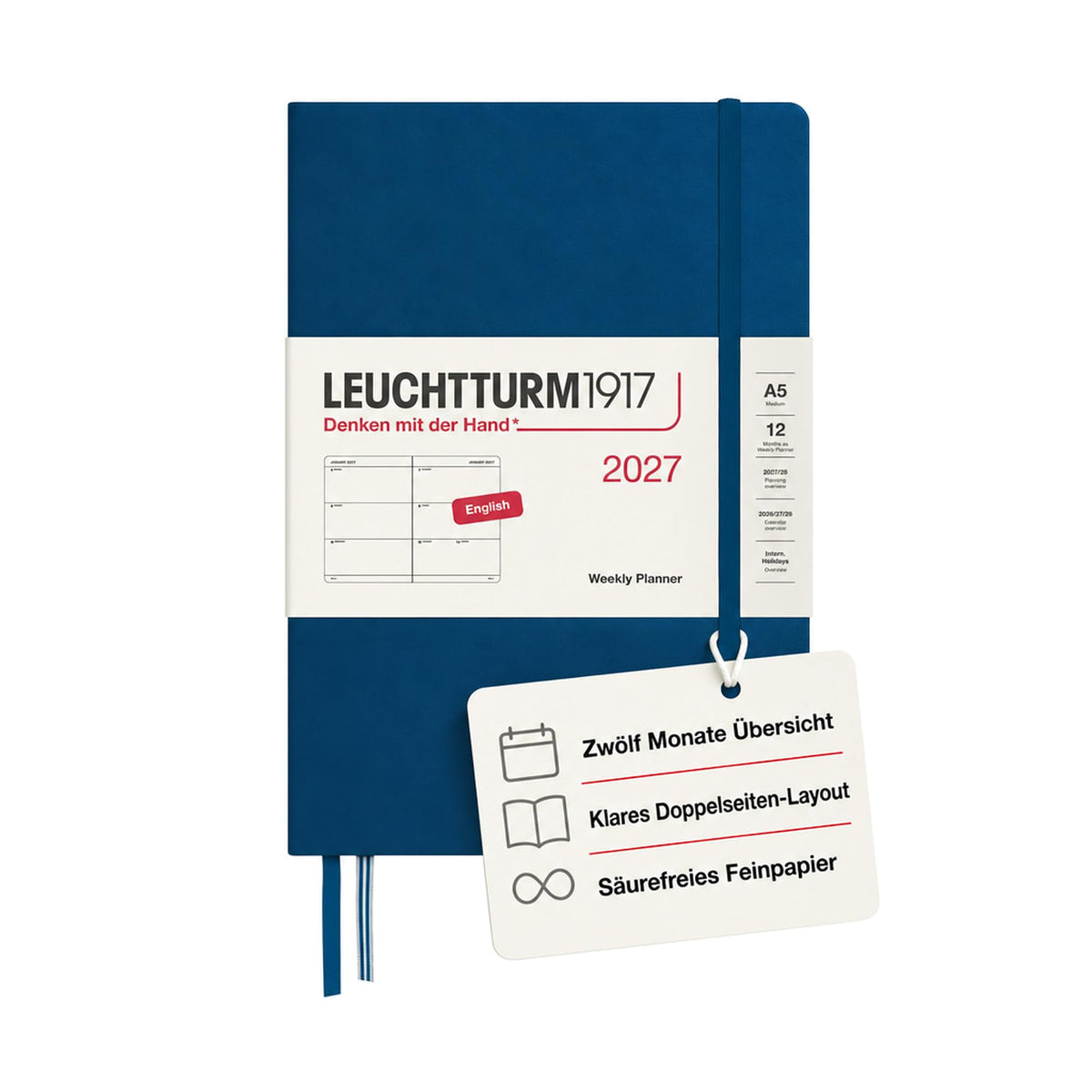 LEUCHTTURM1917 Calendar săptămânal 2027 Mediu (A5) - Engleză, Indigo, Hardcover, 145 x 210 mm, 12 luni - ianuarie-decembrie 2027, 1 săptămână pe pagină dublă, hârtie de 80 g/m² cu compatibilitate ridicată cu cerneală - 400274