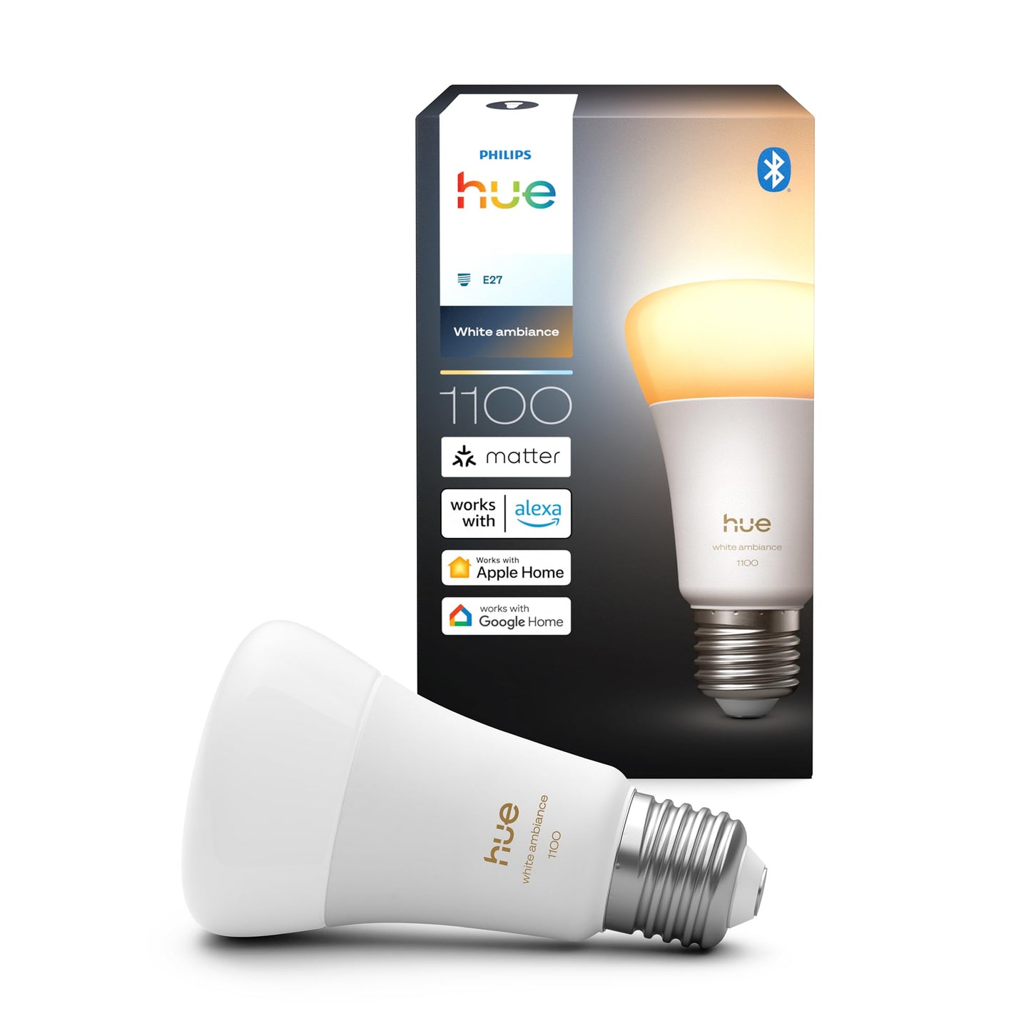 Philips Hue Smart LED A60 lamp, White Ambiance, LED bulb with E27 socket, 8.1W, full spectrum light 1000K-20000K, 1100 lumens, dimmable, smart light compatible with voice assistants, pack of 1 - 929003854901