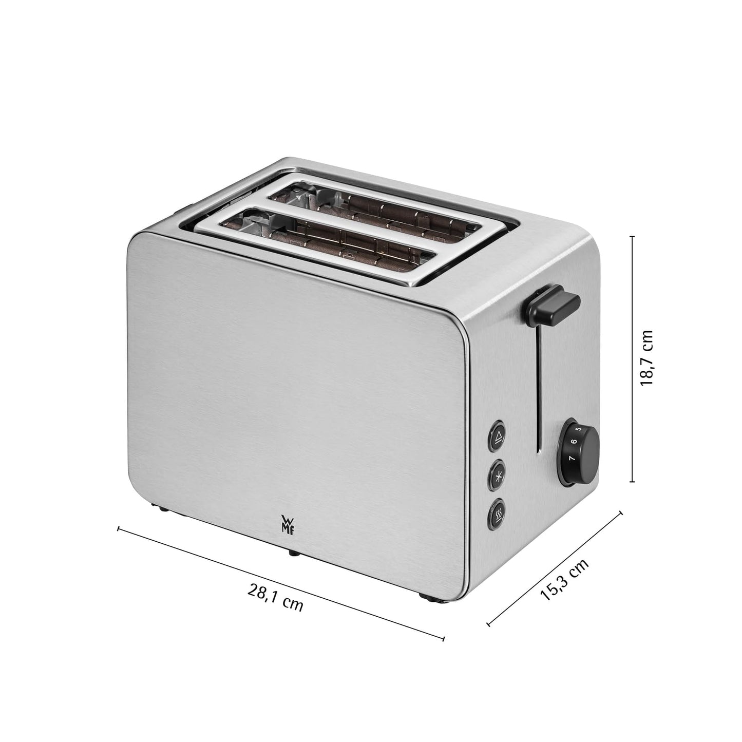 WMF Stelio toaster 2 slices stainless steel, double slot toaster with bread roll attachment, bagel function, 7 browning levels, 900 W, matt stainless steel - 0414210011