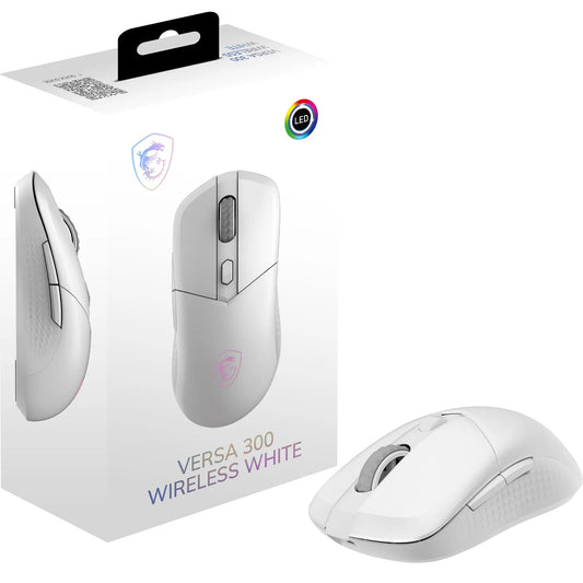 MSI Versa 300 Wireless White Gaming Mouse – 8000 DPI, simetrică, comutatoare Kailh cu 30 de milioane de clicuri, 6 butoane, 50 de ore de autonomie a bateriei, latență de 1 ms, RGB, 60 g – cablat/fără fir - S12-4301440-CLA