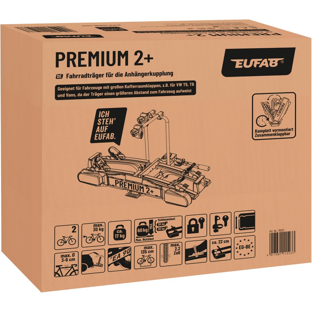 EUFAB 11523 bicycle carrier PREMIUM 2 Plus, suitable for e-bikes, for large tailgates, completely pre-assembled, anti-theft protection, 2 bicycles, trailer hitch, black/gray, (WxHxD) approx. 115x67x61 cm