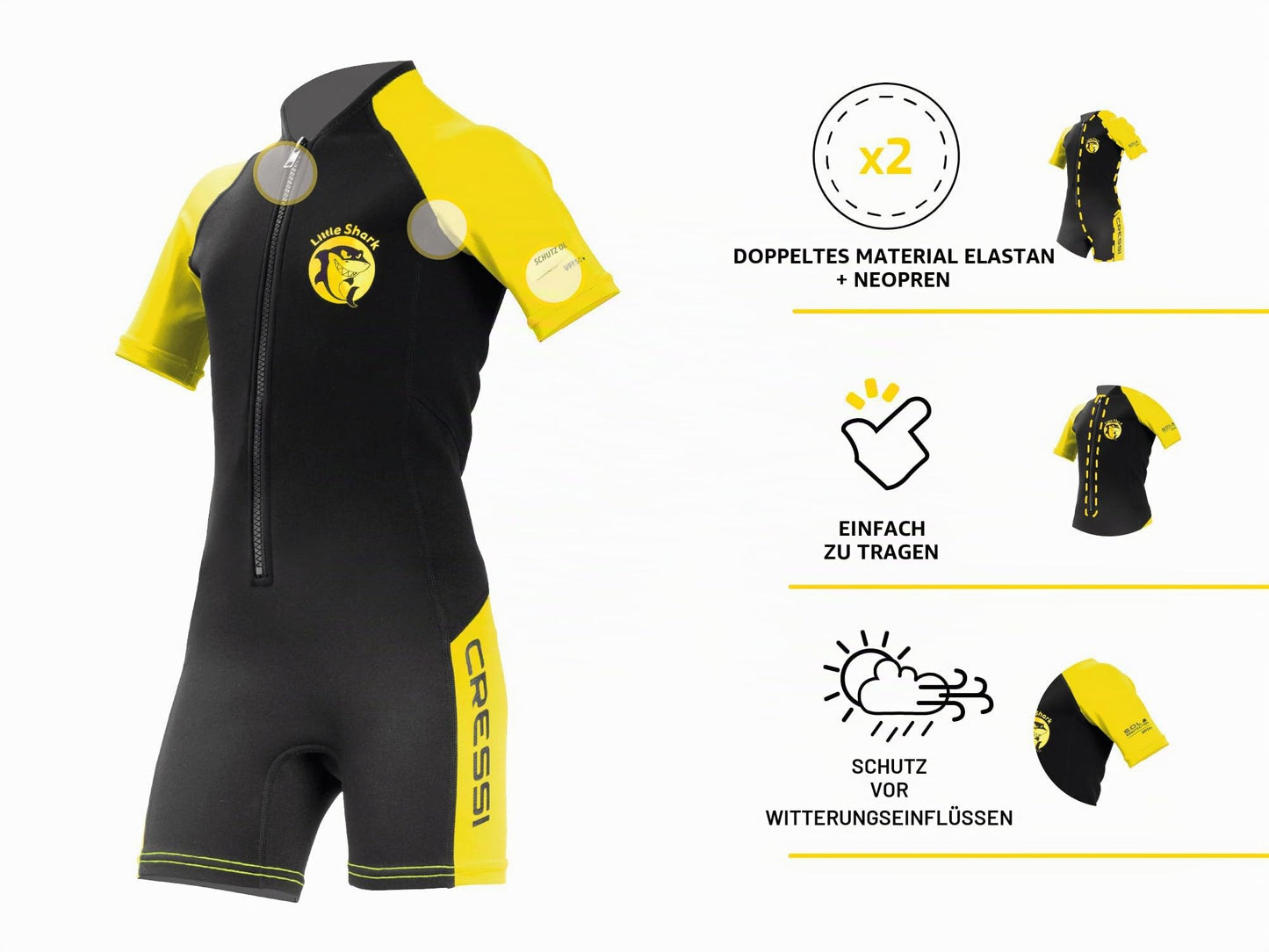Cressi Shorty 2mm children's wetsuit - children's swimming suit with UV, cold protection, jellyfish protection - girls & boys swimming suit - black/yellow - 3/4 years - XDG003203