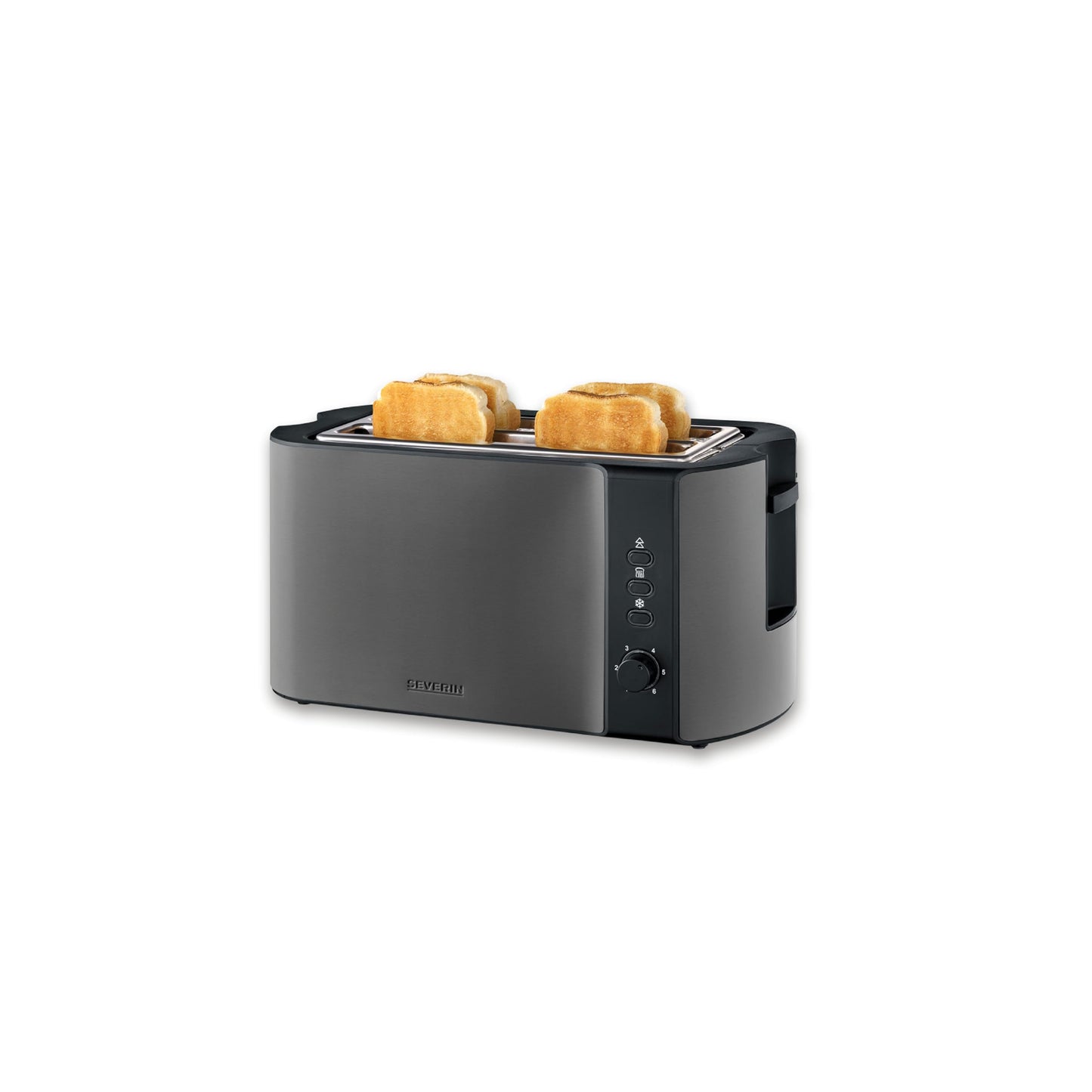 Severin automatic high-quality stainless steel toaster with large roasting chambers and 1400 W power, defrost function, dark inox/black