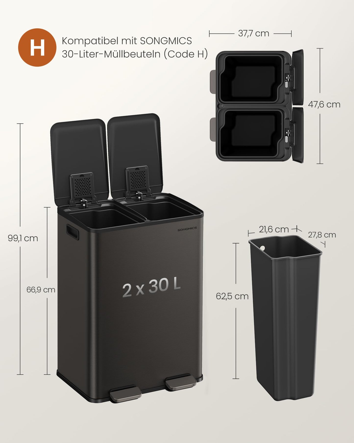 SONGMICS kitchen trash can, 2 x 30 liters, 2 compartments, trash can, pedal trash can, kitchen trash can with soft-close lid and inner bucket, stainless steel, including 15 trash bags, slate gray LTB741G01