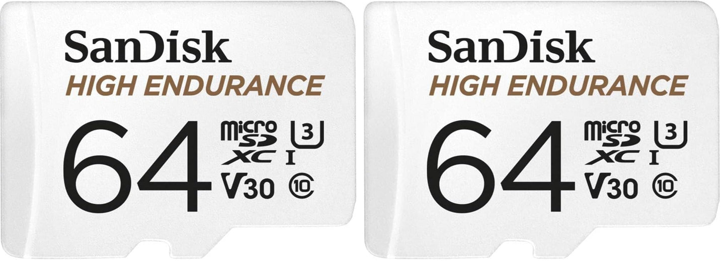 SanDisk High Endurance microSDXC Memory Card 64GB + Adapter (For Dash Cams and Private Surveillance Cameras, 100MB/s Read, V30 for Full HD and 4K Videos) (Pack of 2) - SDSQQNR-064G-GN6IA