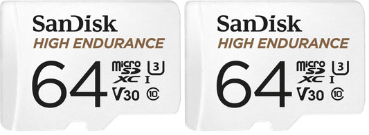 Card de memorie SanDisk High Endurance microSDXC de 64GB + adaptor (pentru camere de bord și camere de supraveghere private, 100MB/s la citire, V30 pentru videoclipuri Full HD și 4K) (pachet de 2) - SDSQQNR-064G-GN6IA
