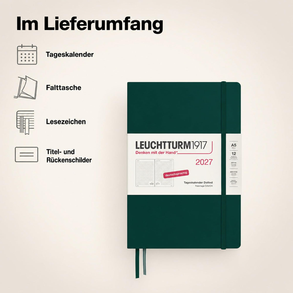 LEUCHTTURM1917 Daily Calendar 2027 Dotted Medium (A5) - German, Forest Green, 145 x 210 mm, January-December (12 months), 1 page per day, hourly grid 7:00-22:00, hardcover, 80 g/m² paper - 400169