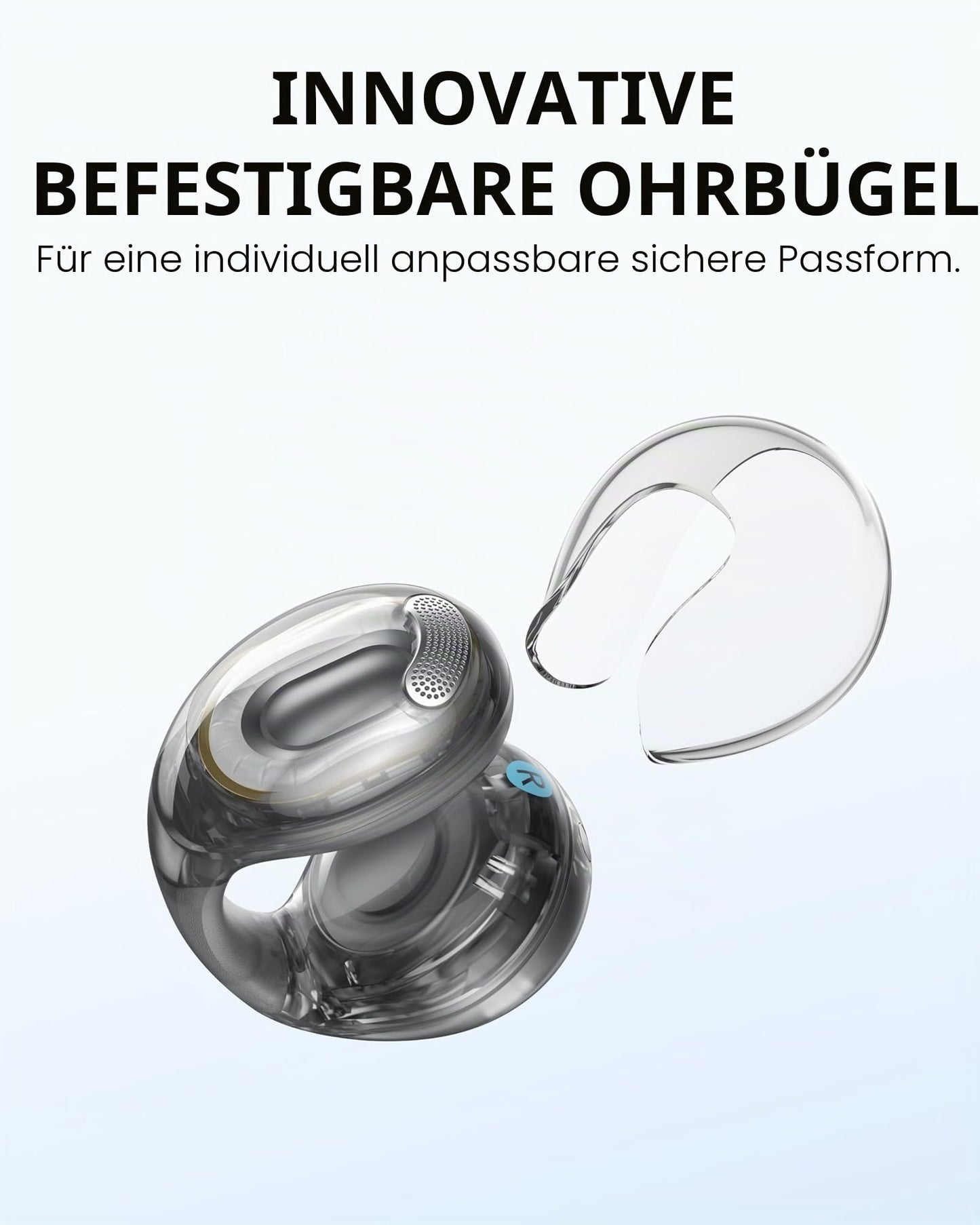 soundcore C40i from Anker, open-ear earbuds, clip-on headphones, flexible joint design, button control, feather-light comfort, firm hold with attachable ear clips, large drivers for clear sound - A3331