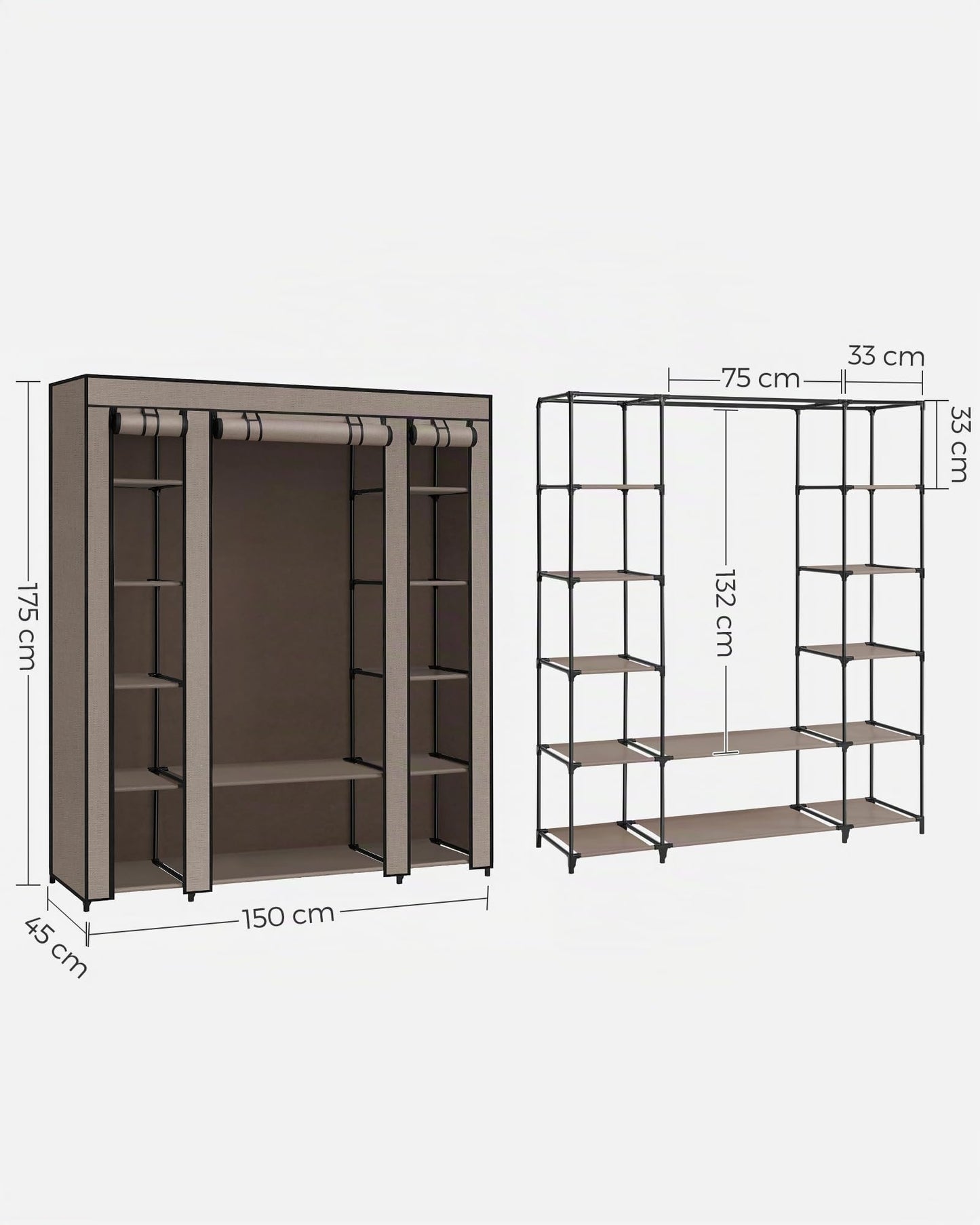 SONGMICS wardrobe, fabric wardrobe, with non-woven fabric cover, folding wardrobe with clothes rail, 45 x 150 x 175 cm, 12 shelves, metal frame, wardrobe for bedroom, taupe LSF003R02