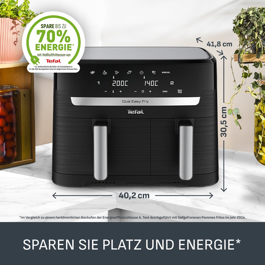 Tefal Dual Easy Fry hot air fryer 8.3 L - air fryer with 2 chambers & XL drawer, 7 programs, 2700 W, extra crisp technology, low-fat frying & energy saving, dishwasher safe EY9018