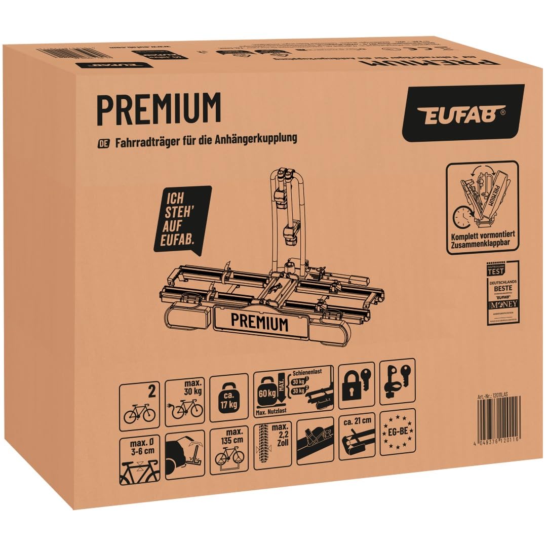 EUFAB 12011LAS PREMIUM bicycle carrier, suitable for e-bikes, completely pre-assembled, anti-theft protection, for 2 bicycles, for trailer hitch, black, gray