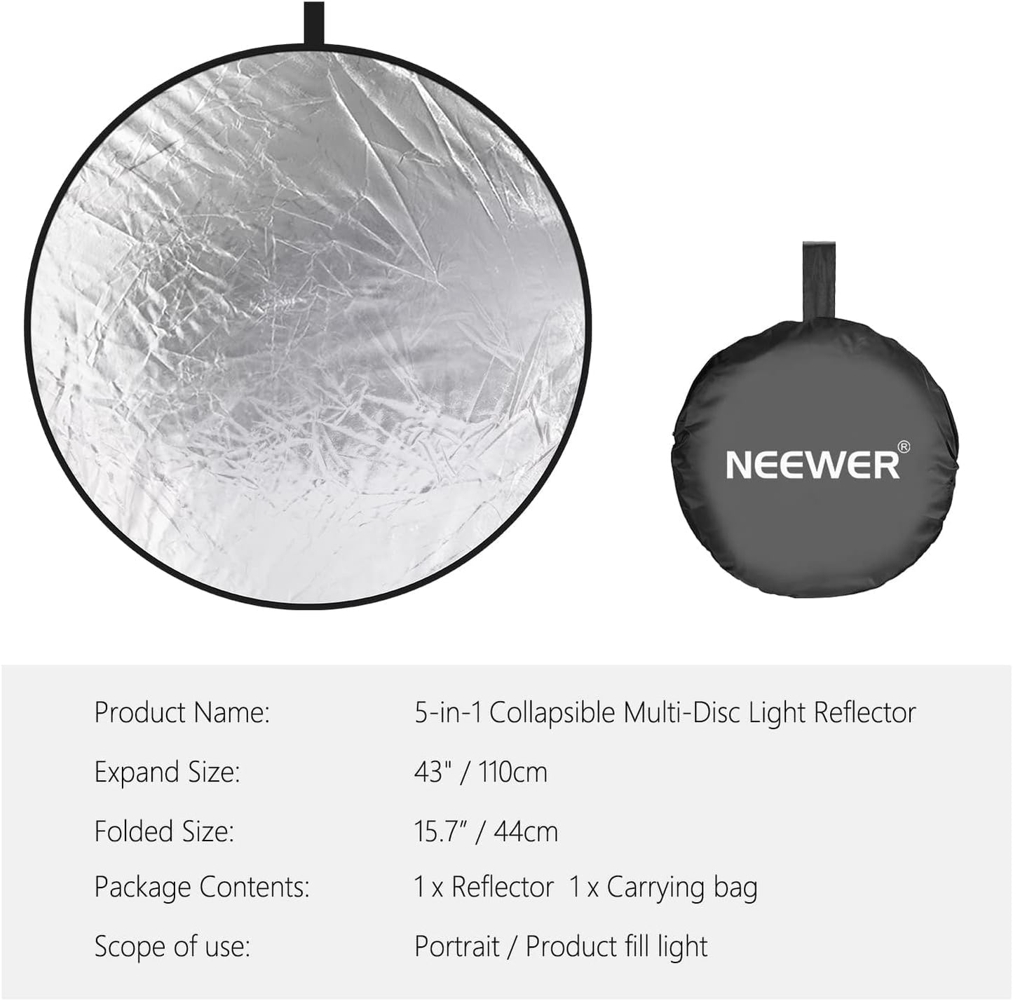 NEEWER 110cm Light Reflector Diffuser 5 in 1 Foldable Multi Disc with Bag - Translucent, Silver, Gold, White and Black, Photo Reflector for Outdoor Studio Photography Lighting, RF-110 - 10000076