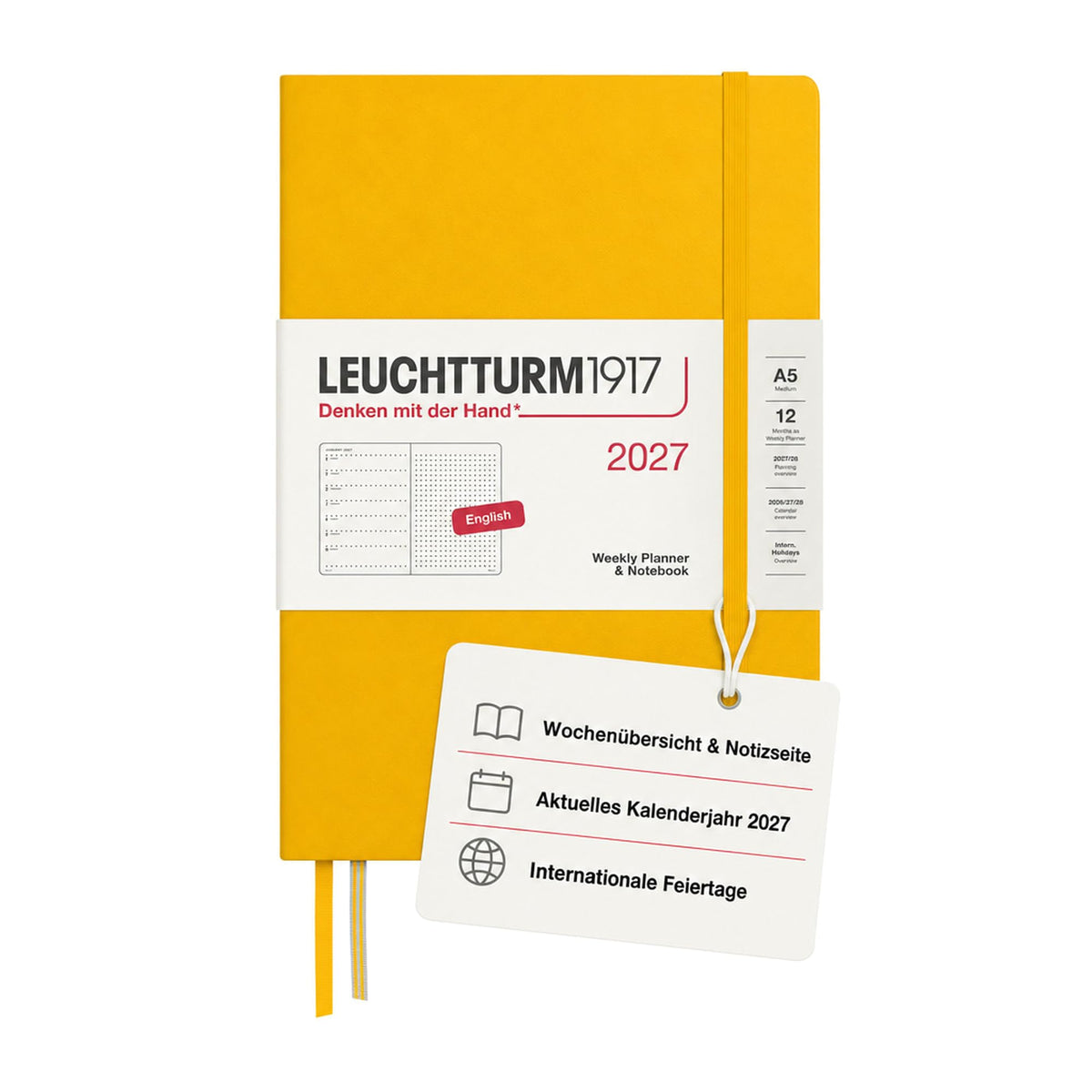LEUCHTTURM1917 calendar săptămânal 2027 punctat mediu (A5) cu caiet, punctat - planificator de întâlniri engleză, floarea soarelui, copertă cartonată, 145 x 210 mm, ianuarie-decembrie 2027, prezentare săptămânală în stânga + pagina de note în dreapta -