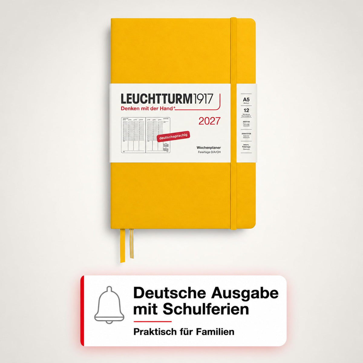 LEUCHTTURM1917 Weekly Planner 2027 Medium (A5) - German, Sunflower, 210 x 145 mm, January-December (12 months), weekly overview with hourly grid 7:00-22:00 per column, hardcover, 80 g/m² paper - 400148