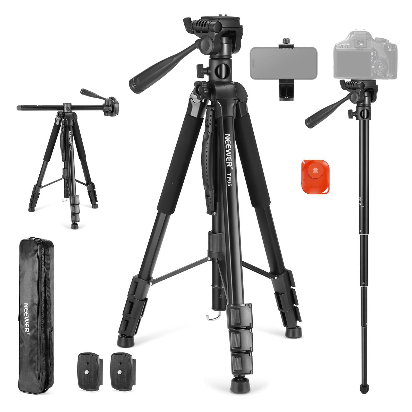 NEEWER Basic 74" Video Tripod Monopod with 3-Way Pan Tilt Head & Remote Control, Camera Holder with Central Axis, Phone Holder for DSLR, iPhone, Telescope, Max Load 17.6lb, TP05