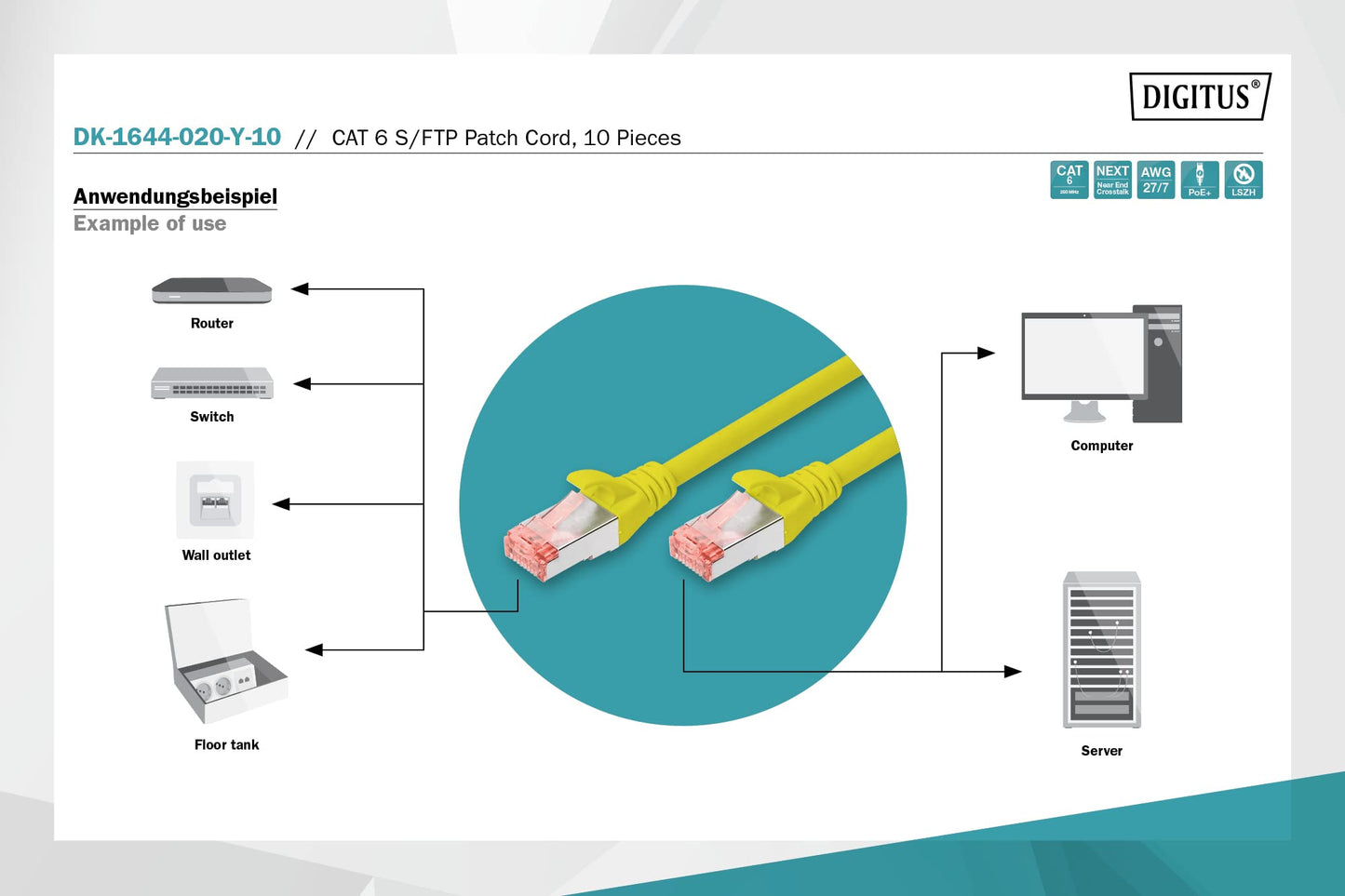 DIGITUS LAN cable Cat 6 – 2 m – 10 pieces – S/FTP shielded – yellow - DK-1644-020-Y-10
