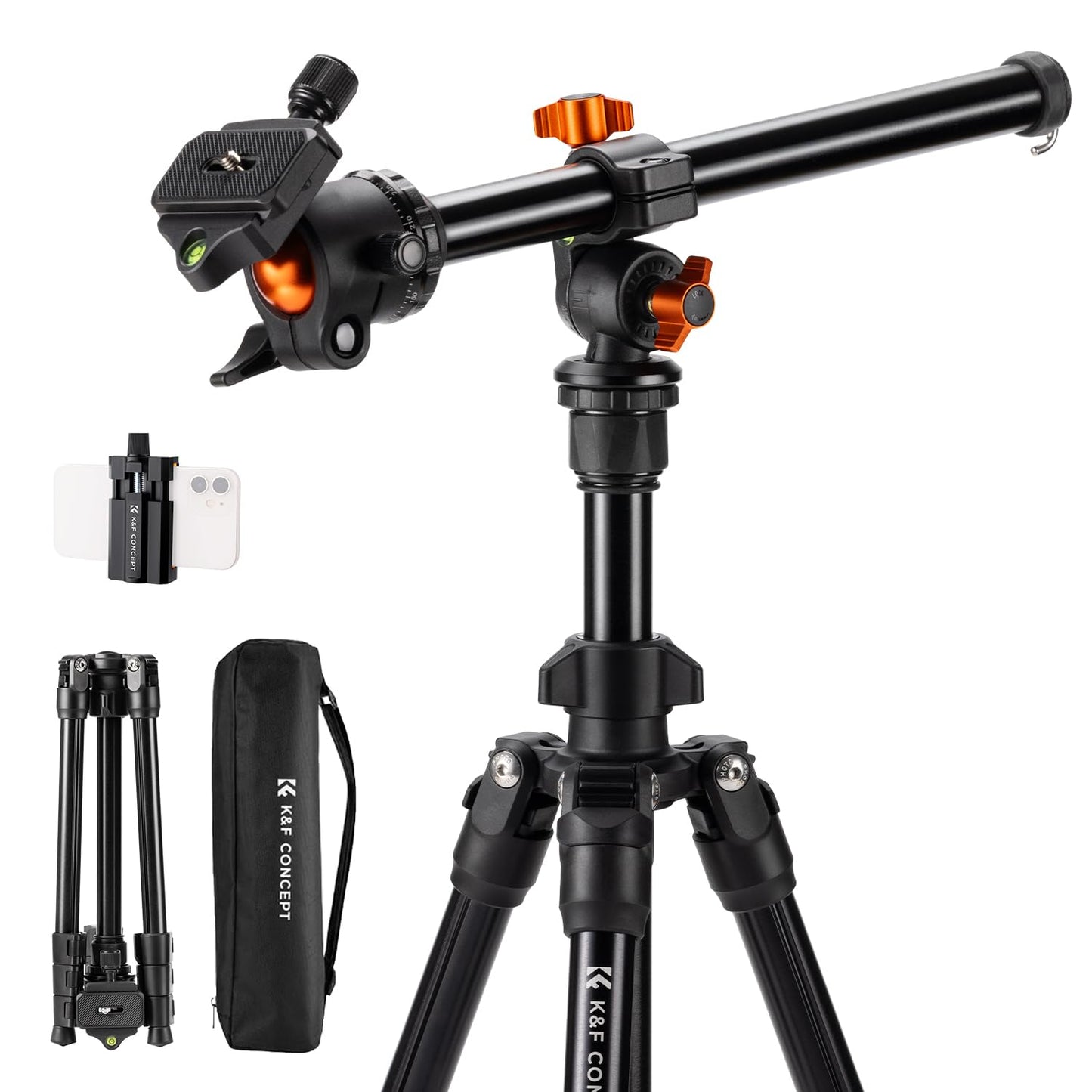 K&F CONCEPT O234A1 camera tripod with extension arm, 195cm mobile phone tripod, tripod for on the go, tripod for smartphone with mobile phone holder, aluminum travel tripod with BH-36 ball head - K234A0+BH-28L+Auslegearm